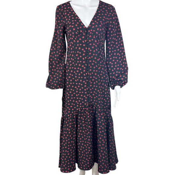 Topshop Dresses & Skirts - Topshop Women's Black/Red Rosette Print V Neck Long Sleeve Maxi Dress Size 2